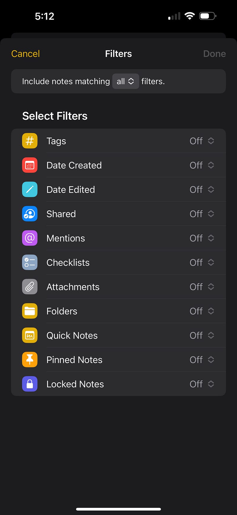 A screenshot of iOS16 showing new options for creating smart lists in Notes.