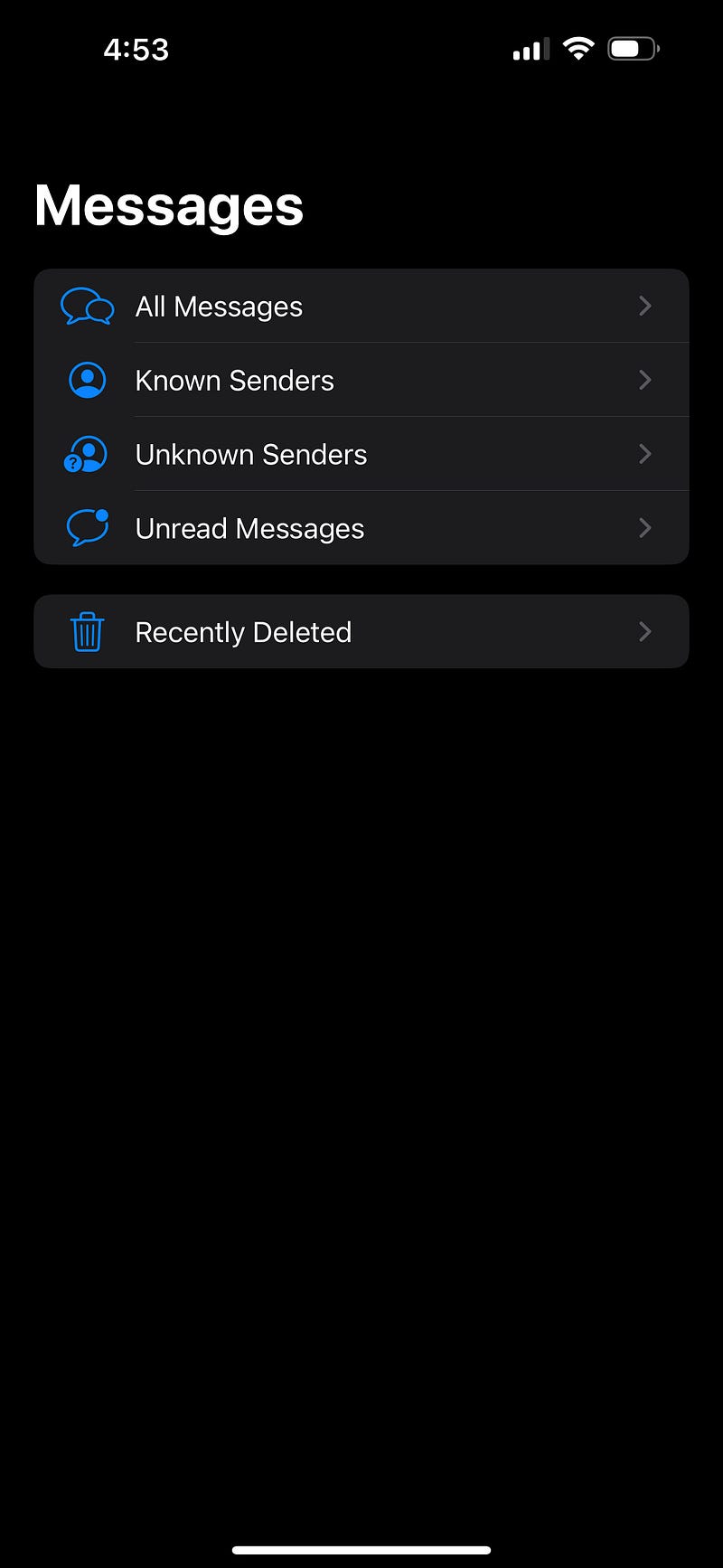 A screen capture showing the Recently Deleted Items folder in iMessage.